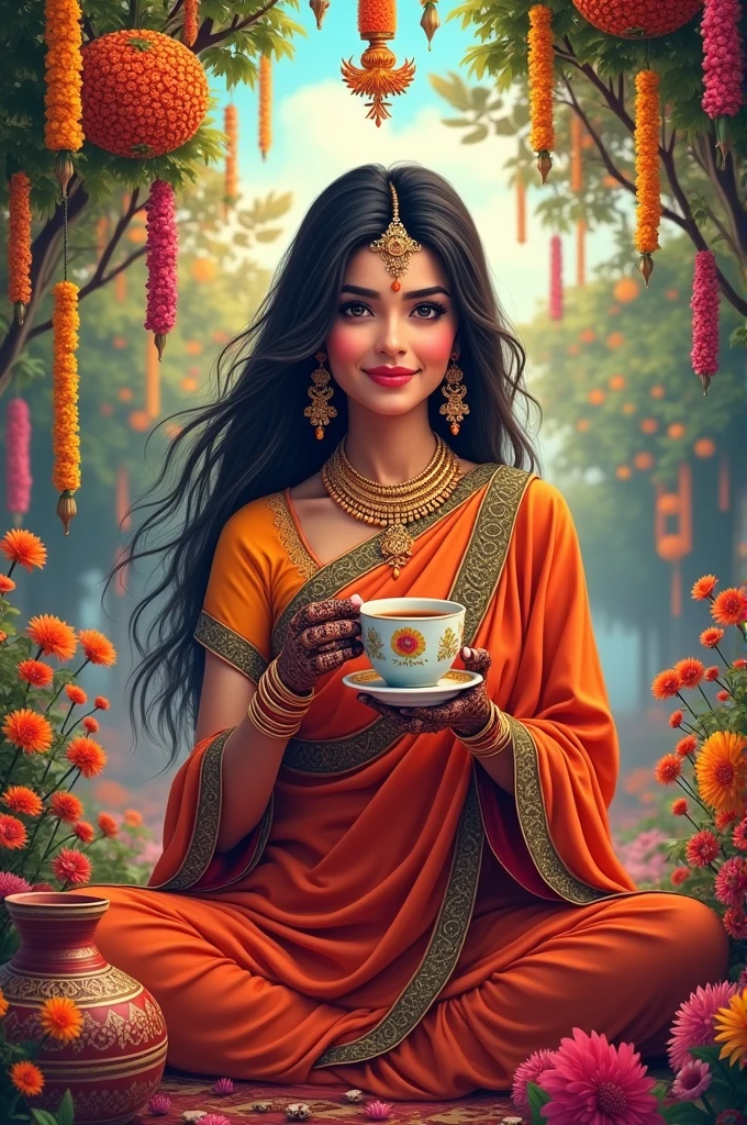 a desi background with an art culture theme with mehndi, gajjray, chai, traditional flowers etc
