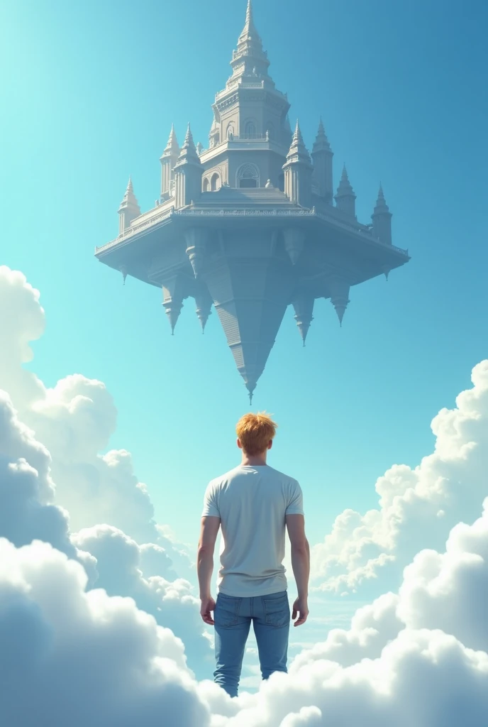 A cinematic medium shot of a athletic 46yr old man with strawberry-blonde hair wearing a t-shirt and jeans. Strong cinematic posture, back to the camera. He is standing knee-deep in clouds, between fluffy white clouds and looking at a magnificent fantasy city with intricate details. The city is floating in the air above the clouds, with small cylindrical defensive towers flying around it. The background is a clear blue sky. The city has a heptagonal shape, with corner towers connected to the central part by galleries and passages. The city's design is strict yet graceful, combining futuristic and traditional architectural elements. It soars high in the sky in the air far away. The city has a fantasy look with a futuristic twist, and the flying towers serve as defense structures.
