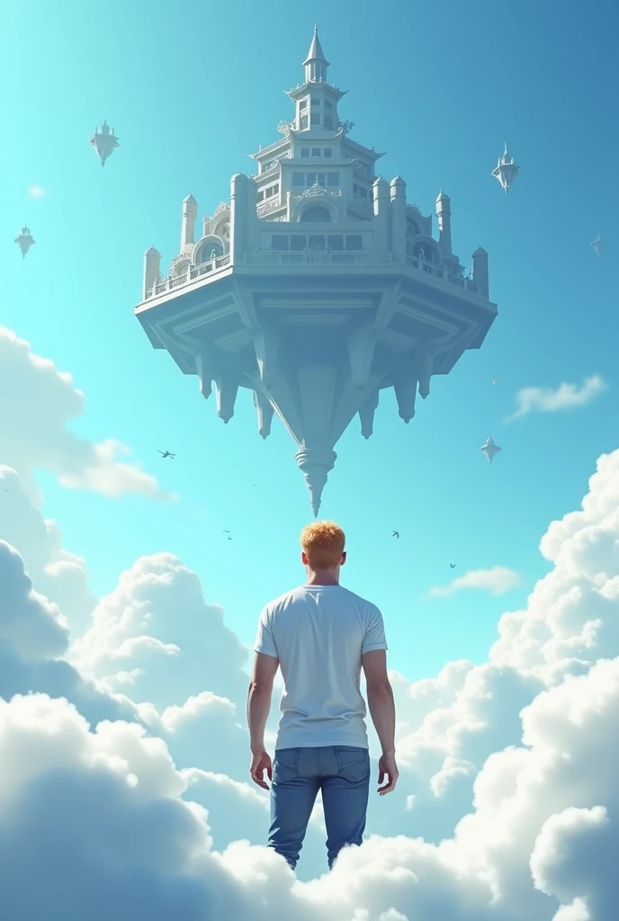 A cinematic medium shot of a athletic 46yr old man with strawberry-blonde hair wearing a t-shirt and jeans. Strong cinematic posture, back to the camera. He is standing knee-deep in clouds, between fluffy white clouds and looking at a magnificent fantasy city with intricate details. The city is floating in the air above the clouds, with small cylindrical defensive towers flying around it. The background is a clear blue sky. The city has a heptagonal shape, with corner towers connected to the central part by galleries and passages. The city's design is strict yet graceful, combining futuristic and traditional architectural elements. It soars high in the sky in the air far away. The city has a fantasy look with a futuristic twist, and the flying towers serve as defense structures.