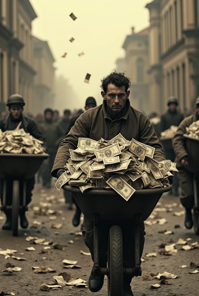 Hyperinflation in Germany with people carrying wheelbarrows full of money 