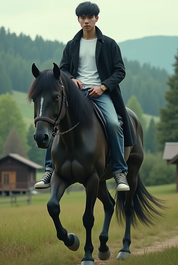 (photorealism:1.2), "A young, handsome man with neatly combed back short black hair, wearing a long coat over a white t-shirt, jeans, and Adidas shoes, is riding a terrifying horse. The horse has fiery eyes, bent and shadowy limbs, and a disturbing dark mane. Its skin is blackened and cracked, exuding an aura of dread. The background is a picturesque countryside with rolling hills and lush green trees, where wooden houses can be seen dotting the landscape."