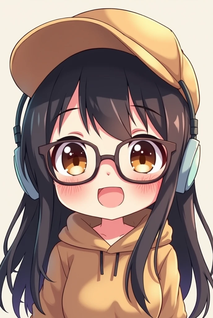 Create an image, anime style, chibi, close-up, girl, brown eyes, with glasses, long black hair, with cap and headphones, sweatshirt, happy.