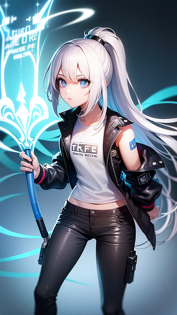 A girl in the style of the free fire game, wearing the free fire Angélical pants, white hair, blue eyes, neon illuminated powers, for profile and Nick name imagem nitida olhando pra frente,garota anime