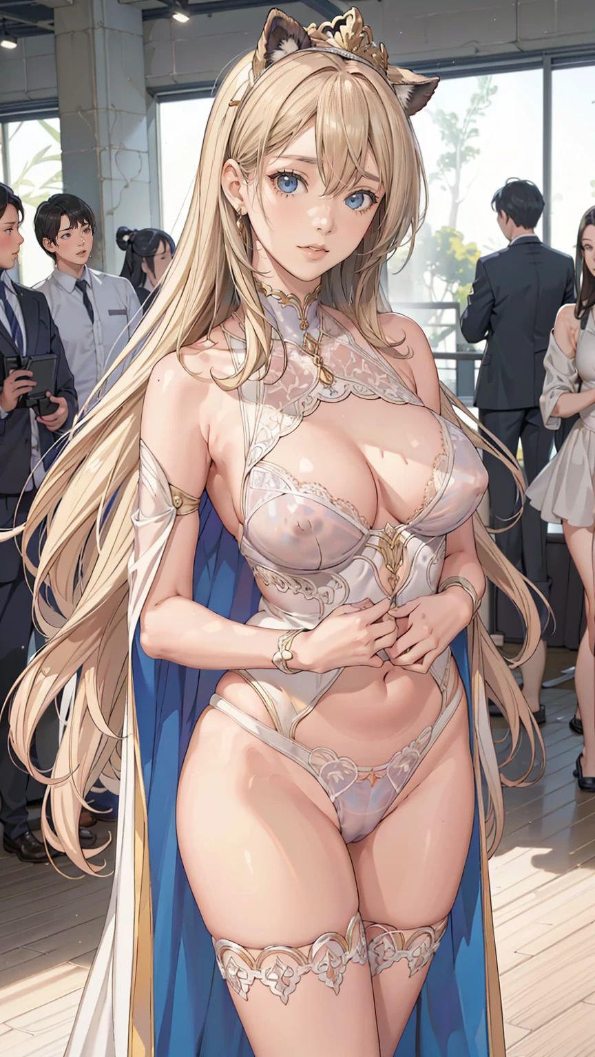 Highest quality, Official Art, masterpiece, Fabric Shading, High resolution, Very detailed, colorful, indoor, Fashion show runway, Best details, (Adult,30 years old, Mature Woman, conversion:1.5, very long hair, tired hair, clear, Beautiful Eyes、Tired Hair, Center of chest, Puffy nipples:1.3, skinny:1.5, Camel Toe:1.5, Public indecency:1.5, derogatory, people々Surrounded by:1.5 ,smile,listen don&#39;t, siggy, lingerie,