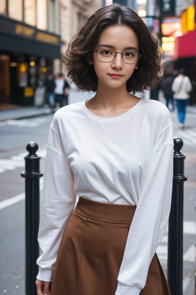 Photo of a beautiful woman standing on a street corner, (masterpiece:1.2, highest quality), (Realistic, photoRealistic:1.4), Beautiful illustrations, (Natural Side Lighting, Cinema Lighting), Written boundary depth, Beautiful thighs staring at the viewer, (((Face Focus, Upper Body))), 1 female, 30-year-old, alone, thin, slender, small breasts!!!, short hair, curly hair, Forehead, thin, slender, (((glasses))), long sleeve T-shirt, Skinny skirt, Are standing, New York 25th Street, portrait