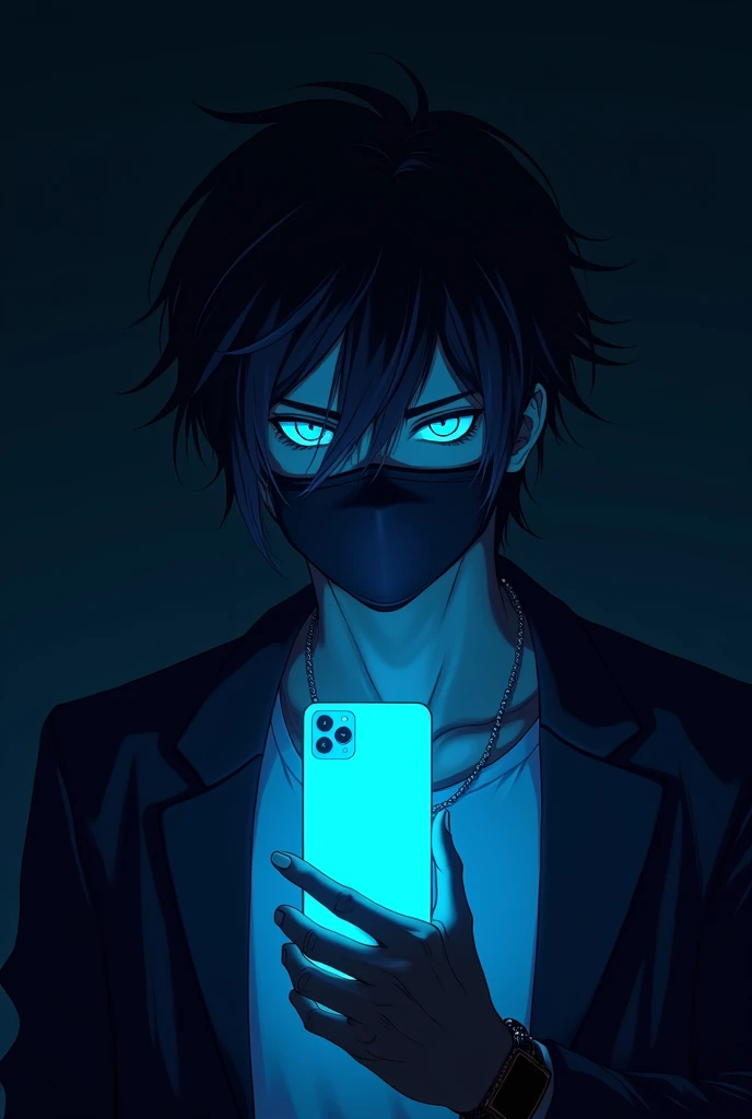 hansome masked anime guy holding a neon blue phone at black background, dark theme, stunning, ultra hd