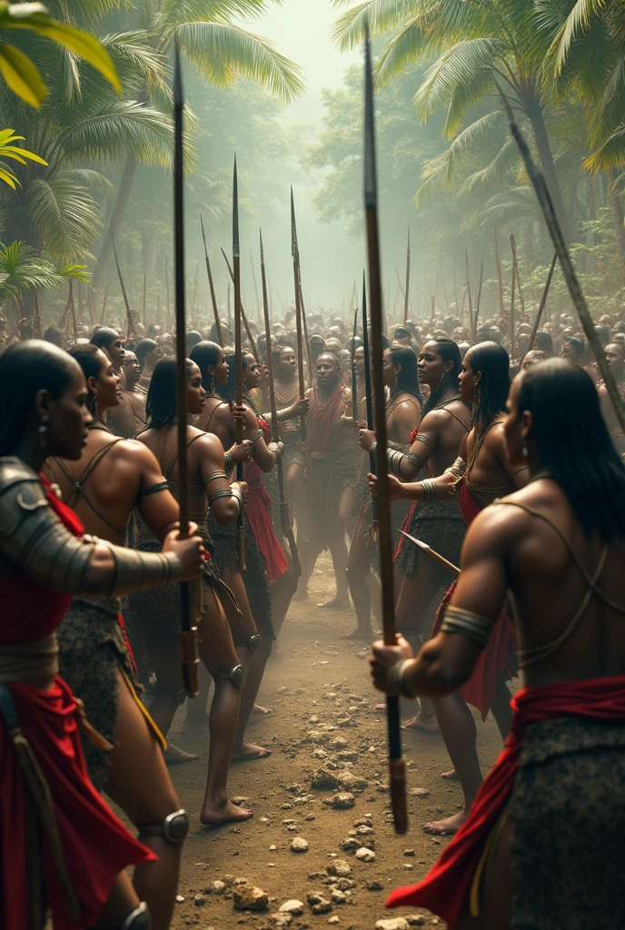 multiple tribal african women fighting European men, swords, spears and shields, men wearing armour ,multiple European men surrounding ,jungle, angry face