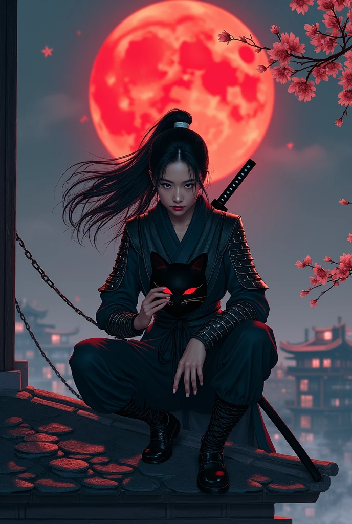 The action of a 30 year old Indonesian woman, black hair combed back, sitting squatting on the edge of the roof of a Japanese house, holding a white
cat-shaped mask, wearing a ninja costume, there is a blood stain effect on the costume. wearing iron armor complete with a large rope tied around his waist, long black trousers and tabi, there is a samurai sword placed on his back. his gaze is very sharp, the night atmosphere with the background of a large, bright red full moon adds to the drama of his narrative. atmosphere, flowers and cherry trees at night, hair blowing in the wind, cold, realistic details of a cold night scene realistic details of a cold night scene in a Japanese city