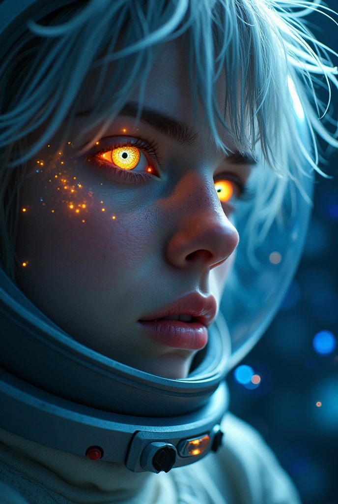 (Close-up of a better masterpiece:1.5)0.9], (Space and astronauts:1.2) (Messy silver hair:1.1) (Heterochromia xanthochromia and blue eyes:1.2) (Space Helmet:1.0) (Colored stars in the eyes:1.0) (A radiant glow:1.1) (thick lips:0.9)