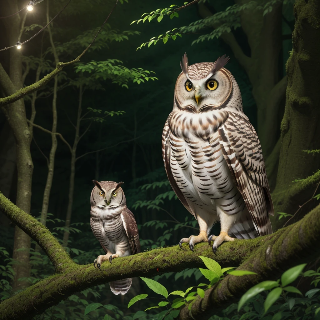 an owl watching us in the forest at night, ((Best Quality, 8K, Masterpiece: 1.3)), (bird: 1.2), best quality, master part, ultrahigh-resolution, (fotografia realist:1.4), Surrealism, Outdoor, green environment, tree