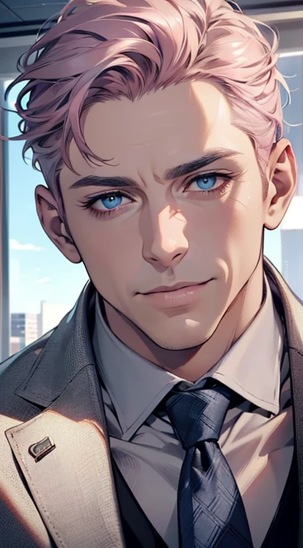 (best quality,4k,8k,highres,masterpiece:1.2),ultra-detailed,(realistic,photorealistic,photo-realistic:1.37),1 man,3,mature man,very handsome,without expression,smile,short grey pink hair,blue eyes,penetrating gaze,perfect face without errors,imposing posture,businessman,office background,cinematic lighting,hdr image