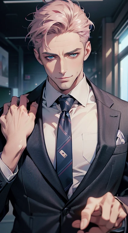 (best quality,4k,8k,highres,masterpiece:1.2),ultra-detailed,(realistic,photorealistic,photo-realistic:1.37),1 man,3,mature man,very handsome,without expression,smile,short grey pink hair,blue eyes,penetrating gaze,perfect face without errors,imposing posture,businessman,office background,cinematic lighting,hdr image