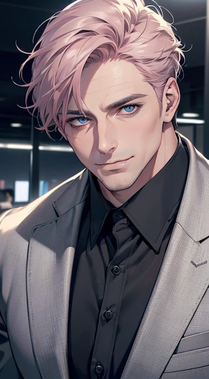 (best quality,4k,8k,highres,masterpiece:1.2),ultra-detailed,(realistic,photorealistic,photo-realistic:1.37),1 man,3,mature man,very handsome,without expression,smile,short grey pink hair,blue eyes,penetrating gaze,perfect face without errors,imposing posture,businessman,office background,cinematic lighting,hdr image