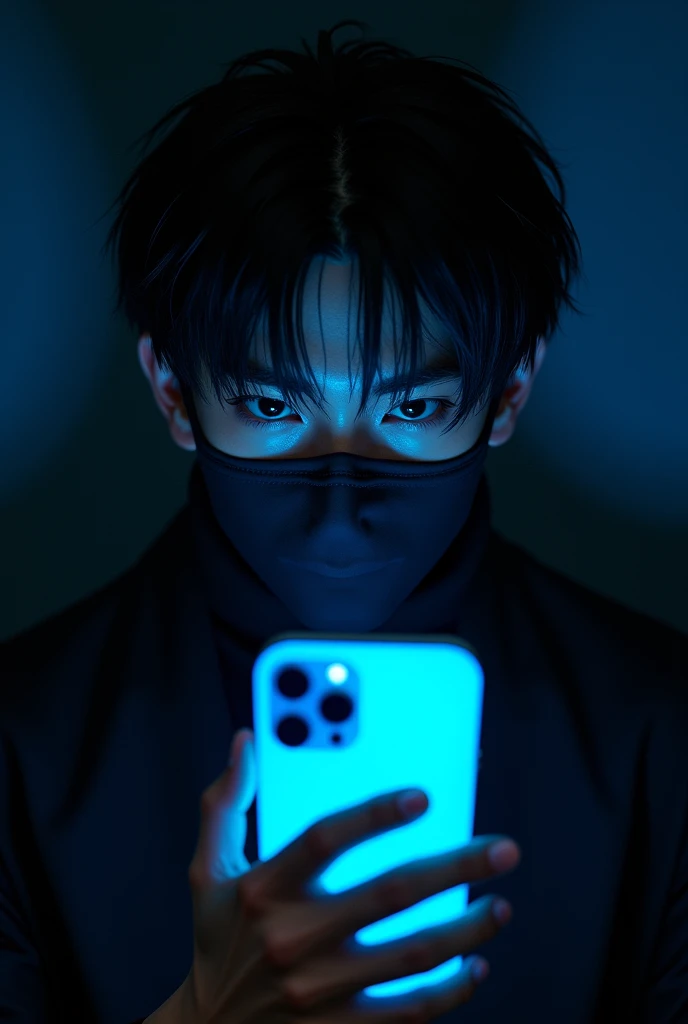 hansome masked anime guy holding a neon blue phone at black background, dark theme, stunning, ultra hd