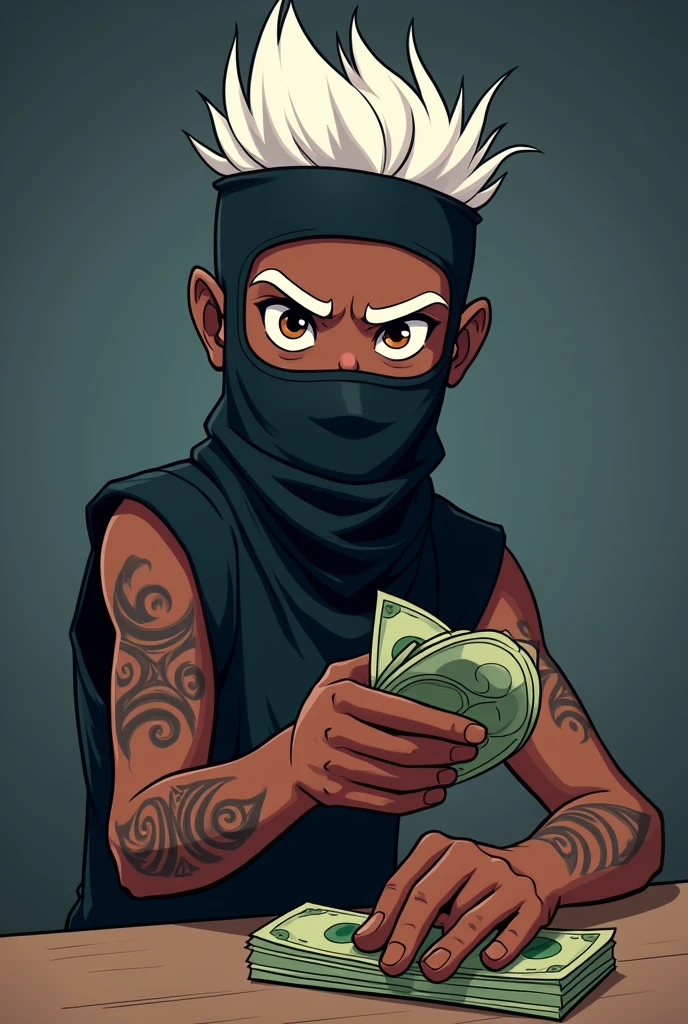 You can create an image of a slightly dark-skinned teenager with a tattoo on his right forearm, white highlights, a balaclava and money (in cartoon mode) that combs forward