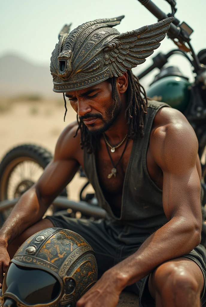 Brown man taking off Aztec motorcycle helmet with serpent and wings sitting down after a wreck a violent wreck