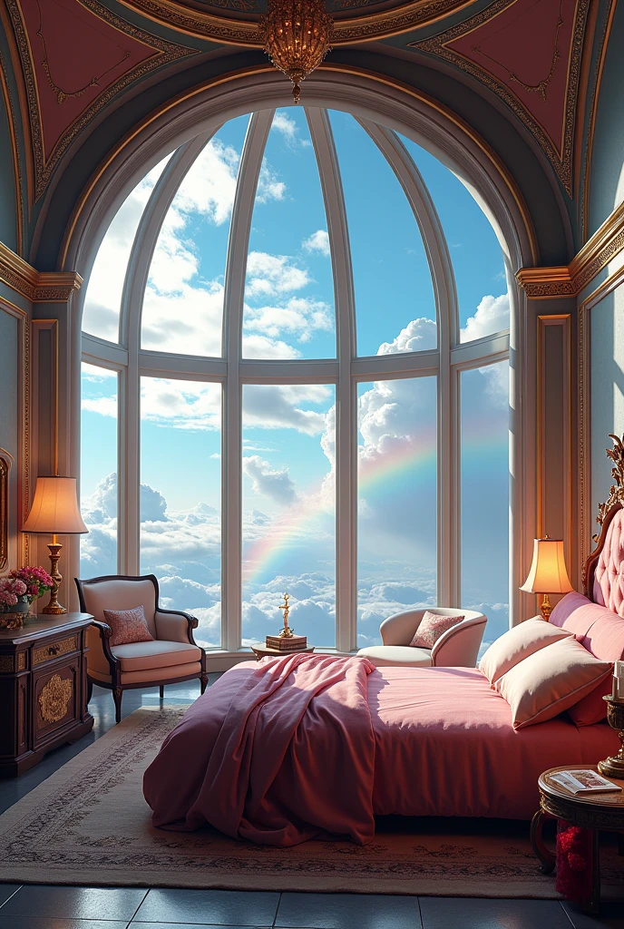 Inside the dome of the castle in the sky。bedroom。Luxurious space。A world where clouds and rainbows can be seen and lights shine brightly。unmanned。