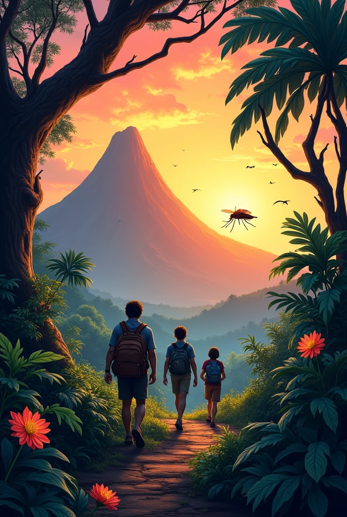 Create a Legend book cover highlighting a Tamarind, Mayon Volcano, Magical flower, and Mosquito