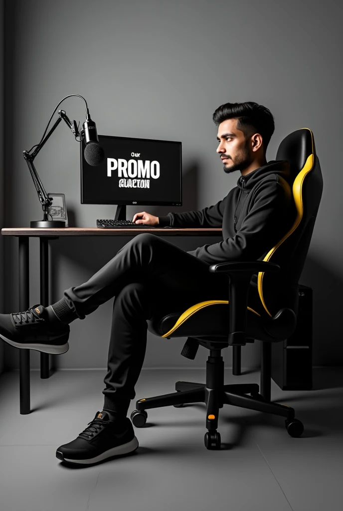 "a twenty years old beautiful pakistani boy, sits on a black gaming chair with yellow accent wearing modern black outfit with color matching shoes .behind him is a desk with computer monitor displaying the "PROMO SEEN" in large bold letters. the room has a modern design with grey wall and floor.theres a mic stand with mic setup adjusted near the face of boy".