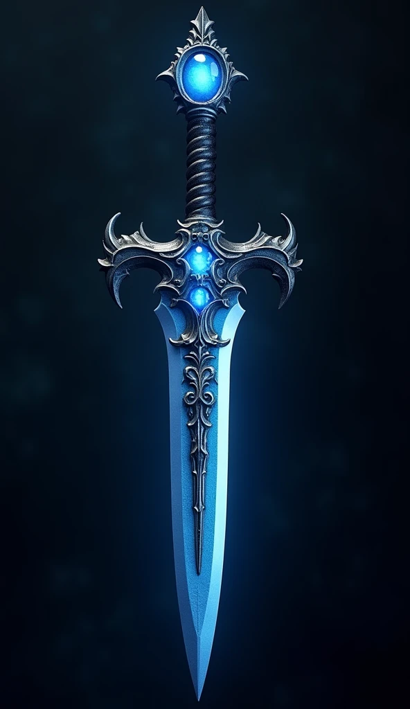 a blue-eye dagger, sharp detailed dagger, photorealistic, (best quality,4k,8k,highres,masterpiece:1.2),ultra-detailed,(realistic,photorealistic,photo-realistic:1.37),detailed metallic texture, glowing blue gemstone in the hilt, dramatic lighting, cinematic composition, intricate ornate details, gleaming metal surface, elegant fantasy weapon