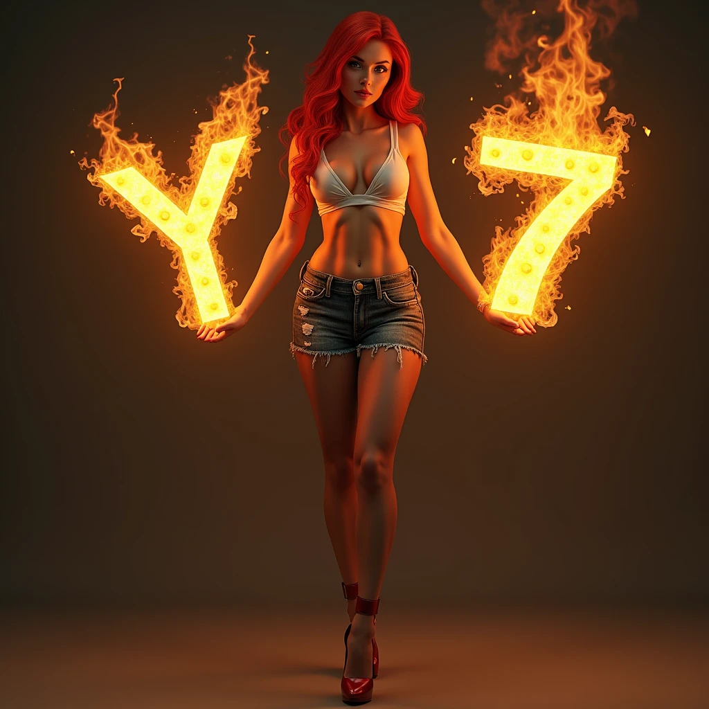 Sexy looking redhead woman, with white bikini, in a denim skirt and 20cm red heels, holding the letter Y of fire in the right hand and the number 7 of fire in the left hand.