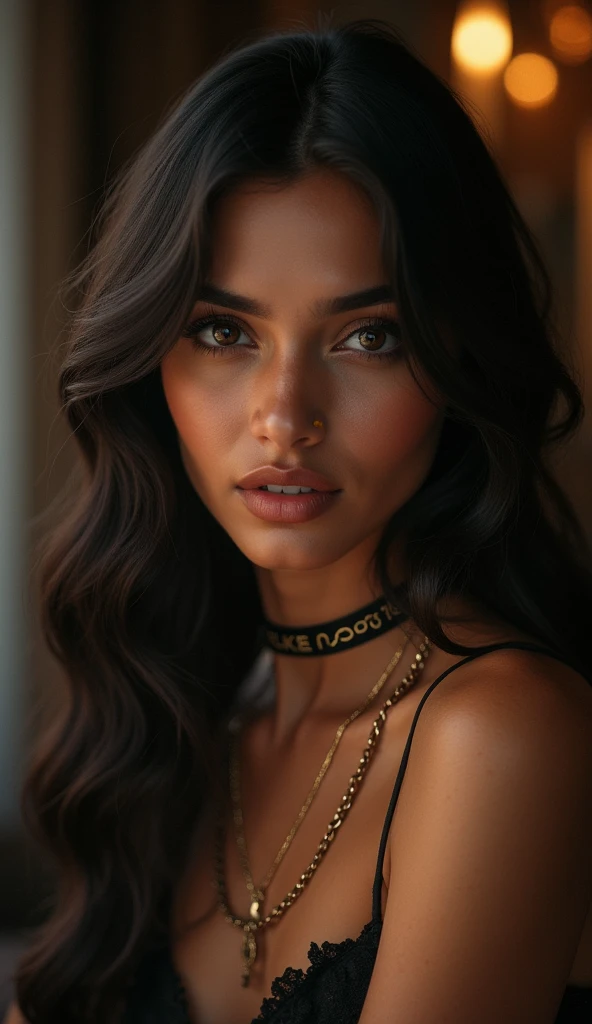 In this photograph, an Indian Instagram female model in her mid-20s takes center stage. , (highly detailed face:1.4) (smile:0.7) (backround 5 star hotel , moody, private study:1.OV, by lee jeffries, nikon d850, film stock photograph ,4 kodak portra 400 ,camera f1.6 lens ,rich colors ,hyper realistic ,lifelike texture, dramatic lighting , cinestill 800, realistic, wearing red indigo and black combination dobby weave self design fit & flare dress Sweetheart neck Short, puff sleeve Tie-up detail on back Above knee length in flounce hem Attached Lining Chiffon fabric, actress, karla ortiz, posing!!, candid picture, by Max Dauthendey,Completing the aesthetic, the model wears a slave collar with a chain around her neck. The photograph is meticulously captured in 8K resolution using cutting-edge techniques such as Cinema 4D and Octane Render, resulting in a highly detailed and photorealistic image. Studio lighting, HDR, and a smoky mist create a captivating ambiance, while the bokeh effect adds an artistic touch.