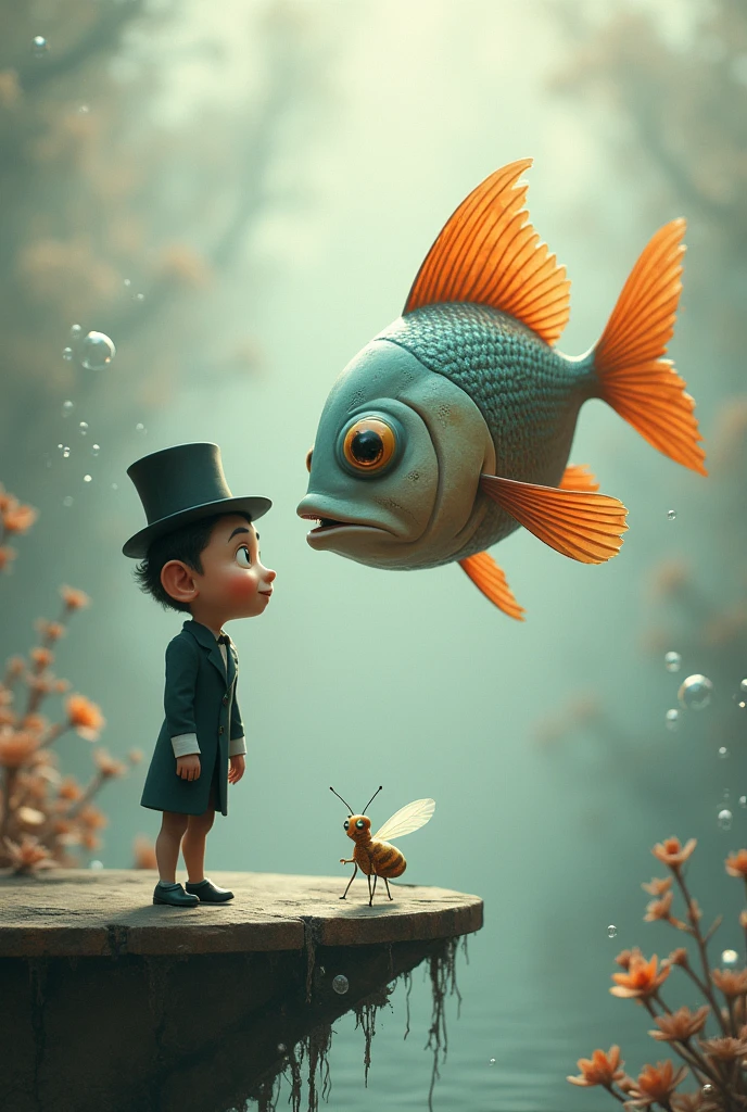 In a surreal, dreamlike setting, a large, anthropomorphic fish hovers in mid-air, its scales shimmering with subtle iridescent hues, and its large, round eyes, large eye ball, fat body, funny face, full of curiosity. The fish has vibrant orange fins that fan out gracefully, with delicate, translucent edges that catch the light. It faces a peculiar, a cartoonish boy who is dressed in a perfectly tailored black suit, laughing, complete with a crisp white shirt and a tall, slightly tilted top hat. The boy’s head is disproportionately large, exaggerated popped eyes that mirror the fish's inquisitiveness. His expression is one of intense focus, goofy as he leans precariously forward on the edge of a weathered platform, his hands clasped behind his back. Between them, a tiny, delicate insect with gossamer wings hovers, seemingly frozen in the moment. The background is an ethereal, muted blend of soft grays, beiges, and blues, with faint, abstract textures that enhance the otherworldly atmosphere of the scene. A single, fragile flower grows from a crack in the platform, adding a touch of whimsy to the already fantastical environment. There are so many bubbles around and underwater plants in the background.