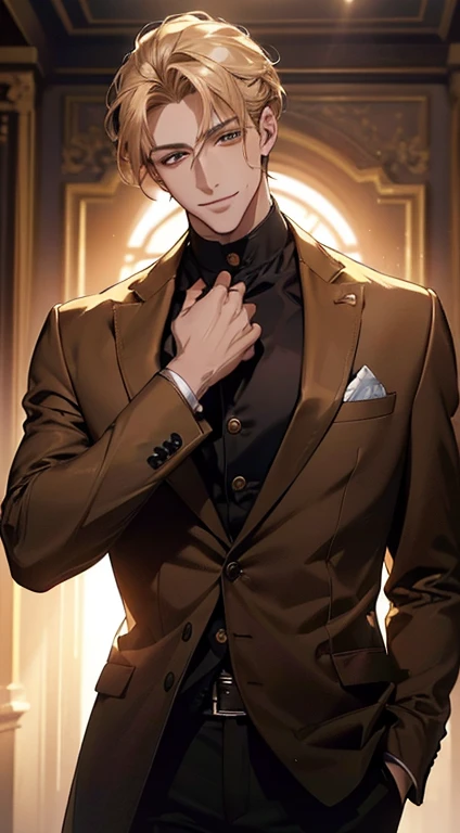 (best quality, masterpiece, 8K, photorealistic, cinematic lighting, hdr image, ultra detailed, beautiful image), a mature man, very handsome, smile, short golden hair, golden eyes perfect, perfect face without errors, ((buttoning the jacket, CEO))