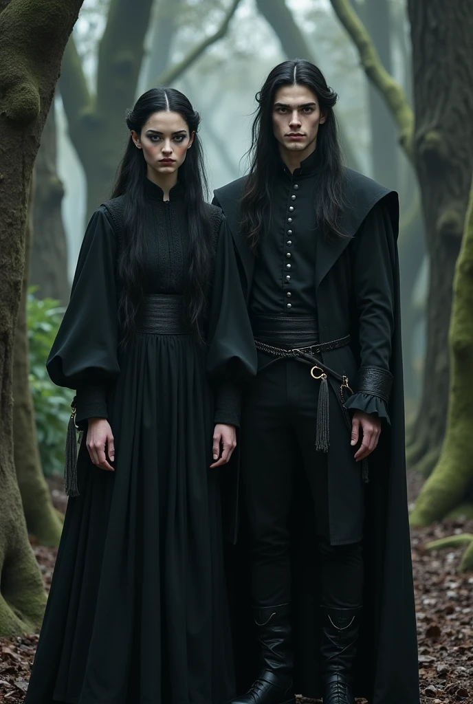 make two twin brothers, a girl and a boy, they are .
black hair, black eyes pale white skin, she wears a black dress, and he wears black period men's clothing, they need to be intimidating
They are two wizards from the Middle Ages, they are in a medieval forest
