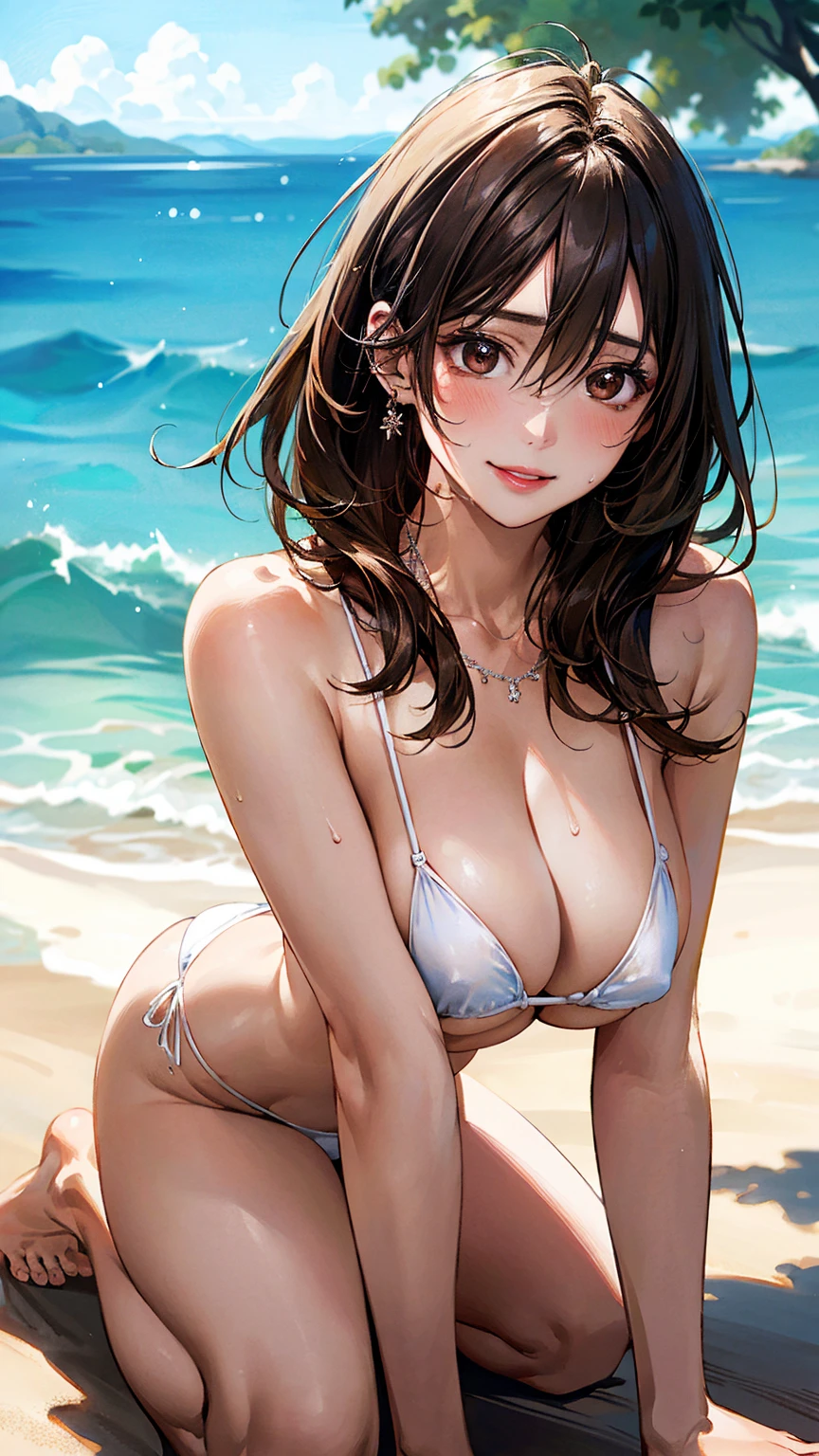 (masterpiece:1.3, Highest quality, Ultra-high resolution, Super detailed), (Realistic, photoRealistic:1.4), Beautiful illustrations, Perfect lighting, Natural light, colorful, Depth of written boundary, NFSW,
View your viewers, (throw, Close-up shot), 1 girl, Japanese, high school girl, Perfect Face, Cute and symmetrical face, Glowing Skin, Sunburned skin,
(Mid-length hair:1.5, Half Up:1.5, Light brown hair), Hair between the eyes, Brown eyes, (Large Breasts, seductive Thighs, Big Ass), Thighs, Nipple hardening, share, Sweaty,
Beautiful Hair, Beautiful Face, Beautiful attention to detail, Beautiful clavicle, Beautiful body, Beautiful breasts, 美しいThighs, Beautiful feet, Beautiful fingers,
((White Micro Bikini)), necklace, hair ornaments,
(Beautiful views), evening, (Uninhabited island), (Kneel, Sexy pose, Dynamic pose, Female masturbation), (Captivating smile, Upward glance, Lips parted),