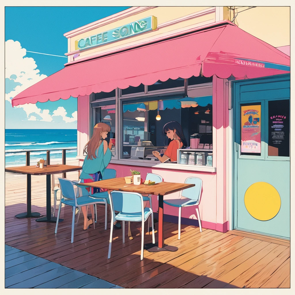 (masterpiece, best quality:1.1),90s record cover art,city-pop,title of the song is "Ending summer",fashionable,end of summer,cafe,wood deck,girl's Profile,seaside, inspired by Hiroshi Nagai cmyk palette,illustration by Hisashi Eguchi,(white outline),