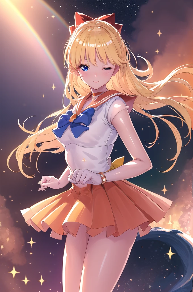 sv1, Sailor Warrior Uniform, Orange Skirt, Elbow hand pockets, tiara, Pleated skirt, mini skirt, Red Bow, Orange Choker, White gloves, jewelry, Outdoor, Surrounded by magical rainbows and sparkles, Against a bright, shining, fantastical background, Leaning forward, forward hands, break looking at viewer, (Cowboy Shot:1.5), break (masterpiece:1.2), Highest quality, High resolution, unity 8k wallpaper, (figure:0.8), (Beautiful attention to detail:1.6), Highly detailed face, Perfect lighting, Highly detailed CG, (Perfect hands, Perfect Anatomy), (3D Face:1.1), (Shiny skin:1.5), (超High resolution intricate face details), (Facial skin pores:1.3), 超High resolution cloth texture, seductive smile, one eye closed, Blushing, Showing off her perfect legs