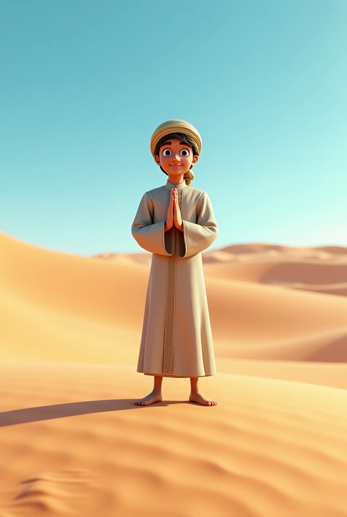 3D wallpaper of an Arabian youth who is seen greeting with his palms together in the desert