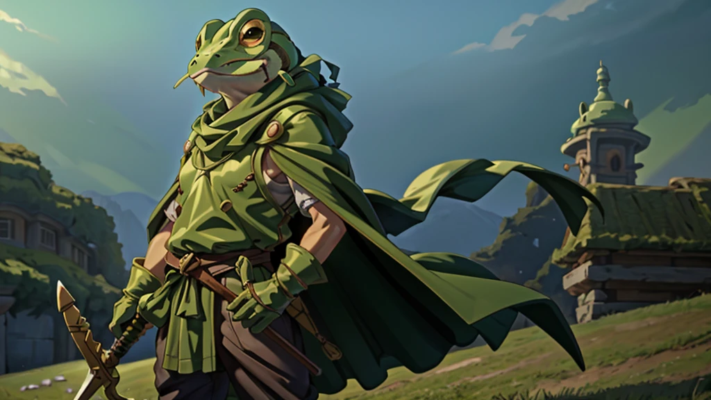 frog man, frog chrono trigger, wielding a sword, looking straight ahead, wearing a green cloak and medieval clothes, is standing on a background of green fields, Photorealist, ultrarealistic, cinematic, full hd, 