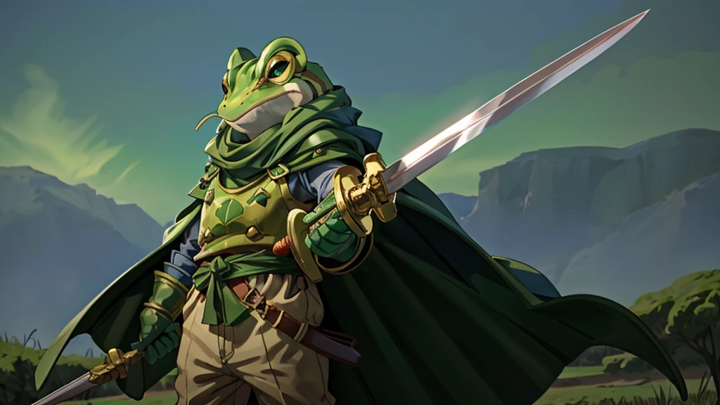 frog man, frog chrono trigger, wielding a sword, looking straight ahead, wearing a green cloak and medieval clothes, is standing on a background of green fields, Photorealist, ultrarealistic, cinematic, full hd, 