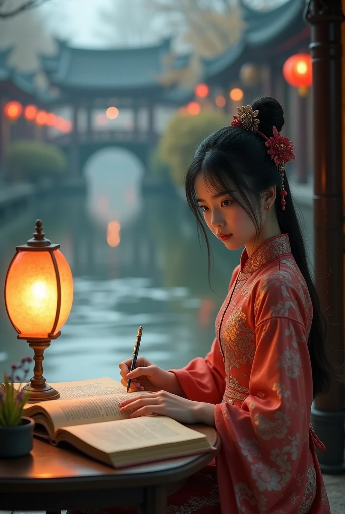 a photo:Shot with Canon EOS camera,A beautiful girl in traditional Chinese clothing in a quiet night,Hangzhou, China, with its small bridges and flowing water,Lakeside,Reading ancient Chinese books under the lamp on the low table。,((She holds a pen in her right hand,Left hand on the table)),((masterpiece)),Practical,4K,Extremely detailed,((Beautiful big eyes))