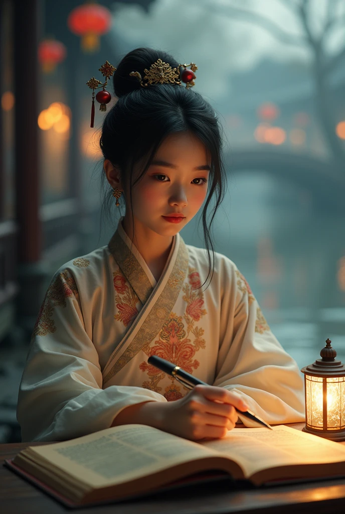 a photo:Shot with Canon EOS camera,A beautiful girl in traditional Chinese clothing in a quiet night,Hangzhou, China, with its small bridges and flowing water,Lakeside,Reading ancient Chinese books under the lamp on the low table。,((She holds a pen in her right hand,Left hand on the table)),((masterpiece)),Practical,4K,Extremely detailed,((Beautiful big eyes))