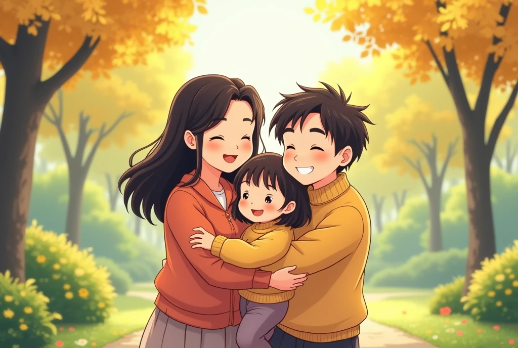parents and daughter sitting on a sofa, hugging tightly, happy smiles on their faces, cartoon, cute cartoon, cute cartoon style, motherly love, cute illustration, clean anime art, a park background.
