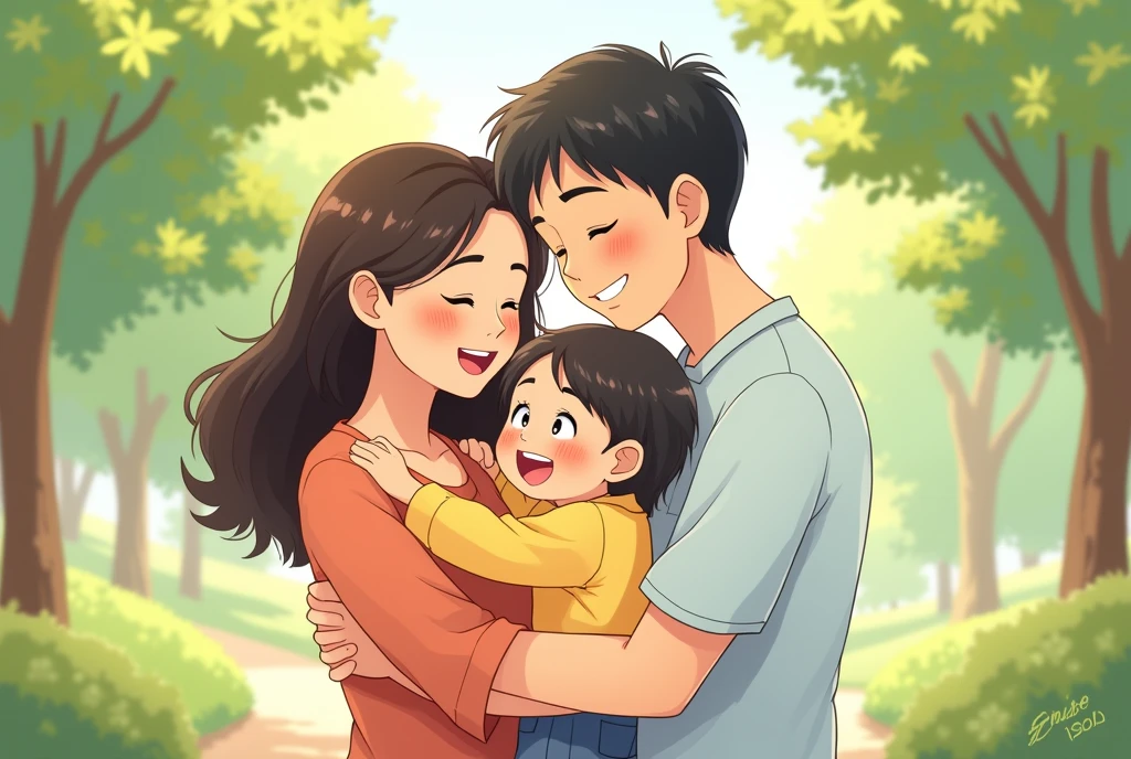 parents and daughter sitting on a sofa, hugging tightly, happy smiles on their faces, cartoon, cute cartoon, cute cartoon style, motherly love, cute illustration, clean anime art, a park background.