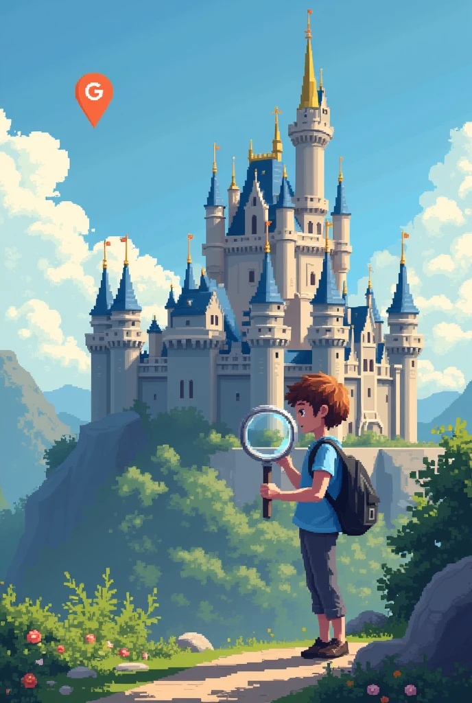 A detailed art in pixel art style. The main scene is a person standing, slightly leaning forward, holding a Magnifying glass in his right hand. The person is wearing a light blue short-sleeved shirt and gray pants., com cabelos curtos e castanhos. The expression on his face is one of concentration, with small eyes and a slight smile. A Magnifying glass, with silver rim and clear glass, subtly reflects light. Ao fundo, a majestic castle, precisely drawn in pixel art, with imposing towers and well-detailed windows. Above the castle, the Google symbol appears as a location marker, standing out clearly in the sky. Art should be rich in detail and color, creating a visually stunning and captivating scene. The person's shadow, projected slightly backwards, suggests that the light comes from the front, all art is made of pixels