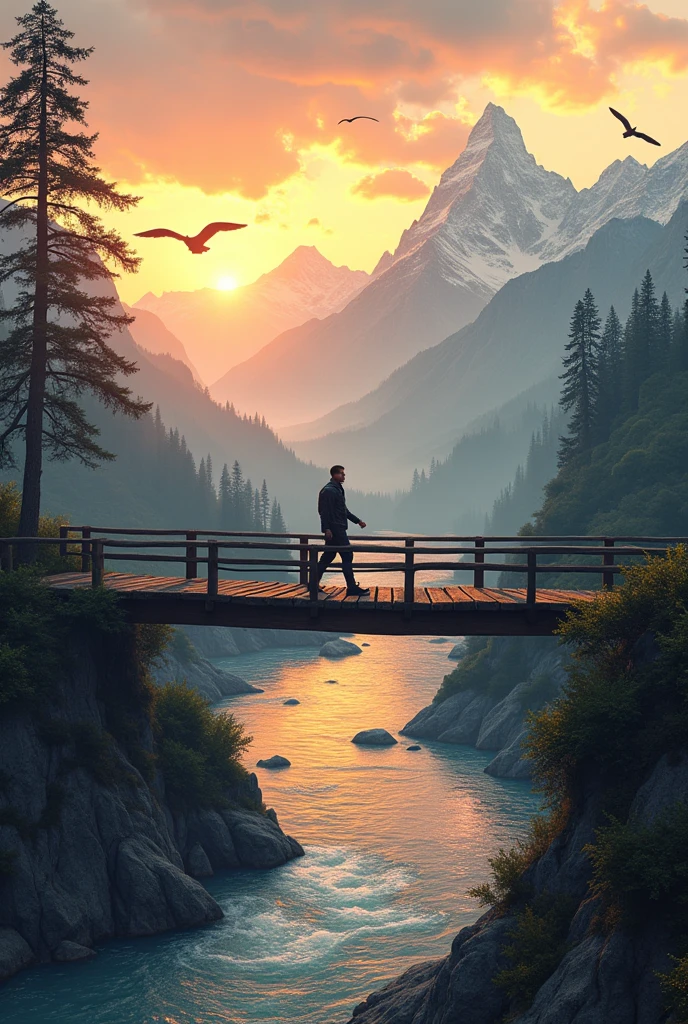 A man walking on bridge in sunset near mauntain river's and bird flying in the sky
