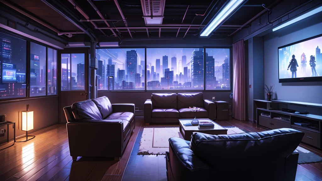there is a man sitting on a couch in a living room, the anime apartment, anime apartment, anime bedroom at night, calm night. digital illustration, relaxing concept art, anime teenager bedroom, stylized urban fantasy artwork, mood painting, inspired by Liam Wong, anime rainy atmosphere, anime art style, cozy place, anime dreamscape