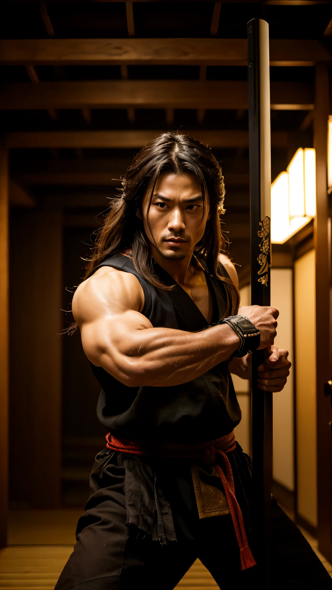 Samurai fighting with two swords, Realist:1.3,( fPhoto, Realist, 8k, RAW Photos, Premium Quality, masterpiece, Great lighting, Centered Images), (Samurai), (Dynamic Movement, Dynamic fighting,), (2 katana), whole body, (Handsome Japanese young man, have confidence、Trained muscles., Wildman and his body with perfect details), cyber punk, Disheveled brown long hair, Warrior, Tokyo, Shibuya Ward,