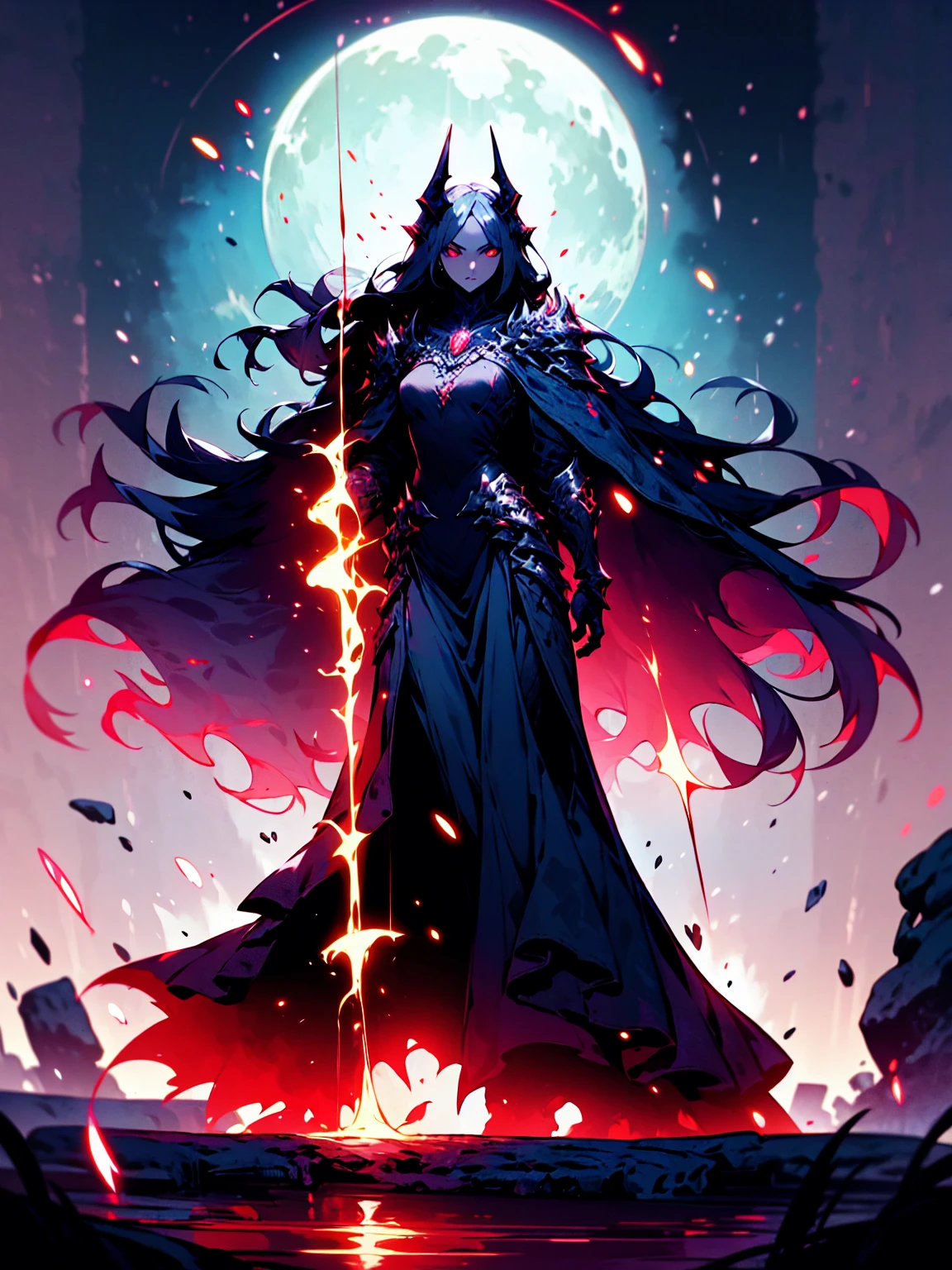 A 20-year-old girl with long silver hair down to her waist, red eyes, and a serious expression. She wears a black dress and tall black boots. Her skin is pale, and her lips are red. She exudes a dark aura. A shadowy monster lurks behind her. She stands in a combat stance, facing forward, with stones rising around her due to her power. The background is a starry night with a full moon in the distance, Ensure the moonlight casts dramatic shadows and highlights the silver sheen of her hair and the dark aura surrounding her, Emphasize the texture of the dress and boots, the glow of her red eyes, and the sharpness of the stones levitating around her, Create a contrast between the dark, ominous aura and the serene, starry sky, with the full moon providing a mystical ambiance, Capture the sense of power and tension in the scene, with the stones mid-air and the girl's stance suggesting imminent action.