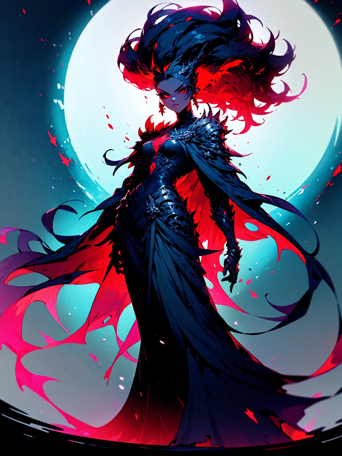 A 20-year-old girl with long silver hair down to her waist, red eyes, and a serious expression. She wears a black dress and tall black boots. Her skin is pale, and her lips are red. She exudes a dark aura. A shadowy monster lurks behind her. She stands in a combat stance, facing forward, with stones rising around her due to her power. The background is a starry night with a full moon in the distance, Ensure the moonlight casts dramatic shadows and highlights the silver sheen of her hair and the dark aura surrounding her, Emphasize the texture of the dress and boots, the glow of her red eyes, and the sharpness of the stones levitating around her, Create a contrast between the dark, ominous aura and the serene, starry sky, with the full moon providing a mystical ambiance, Capture the sense of power and tension in the scene, with the stones mid-air and the girl's stance suggesting imminent action.