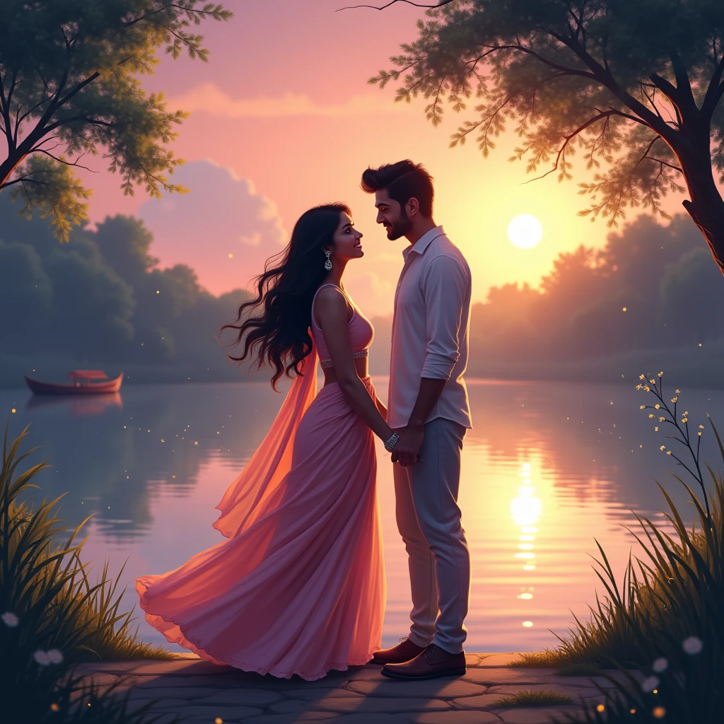 A romantic Bollywood scene set during twilight, with a couple standing on a serene lakeside. The sky is painted in shades of pink and orange, reflecting on the calm water. The couple is standing close, looking into each other's eyes with deep affection. The girl is wearing a flowing traditional Indian dress in soft pastel colors, and the boy is in a casual yet elegant outfit. In the background, there are lush green trees with soft golden light filtering through them, creating a magical ambiance. The couple’s expressions are tender, as if lost in a world of their own, with a slight breeze gently moving the girl’s hair. Around them, subtle light particles float in the air, adding to the dreamy atmosphere.