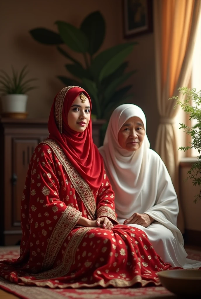 The picture will be a newly married Muslim bride wearing a red saree inside the house sitting on a betel nut and on her right hand side everyone is sitting her old lady wearing a white saree.