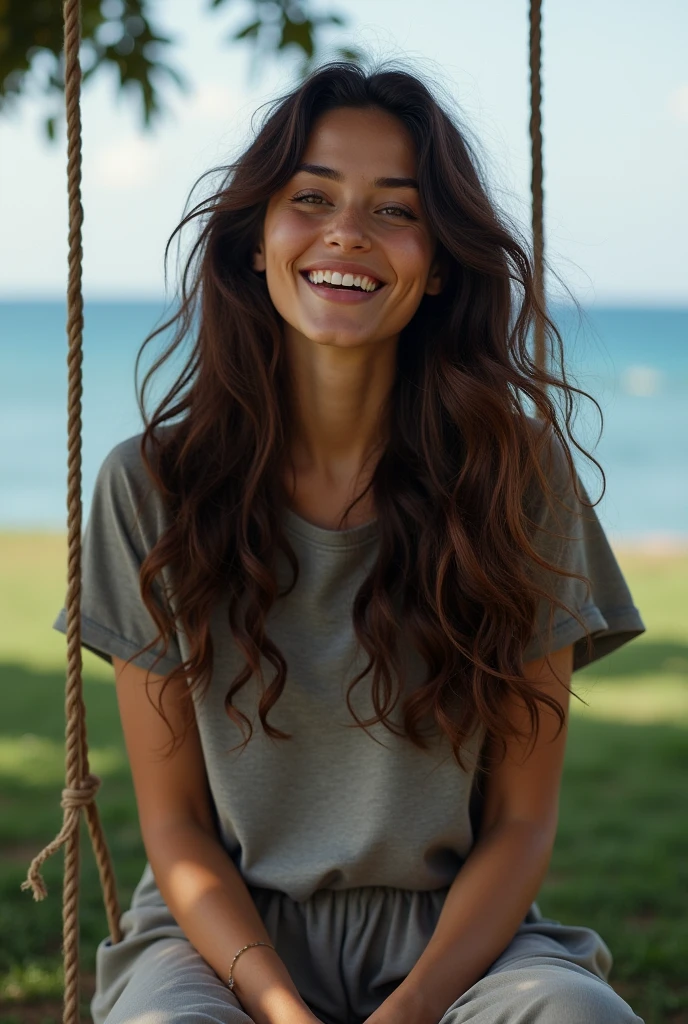 A very beautiful woman , Wear an oversized gray T-shirt. , Big trousers , Brown hair tends to black. , long hair , Beautiful curly hairstyle , Have a beautiful skin color , Sitting on a swing tied to a tree , In the backyard , There is a sea , She turned to me with a happy smile. , She is the woman of my dreams. , Her face was blurred as if it was hidden by fog. , She is the one who makes us happy in our dreams.
