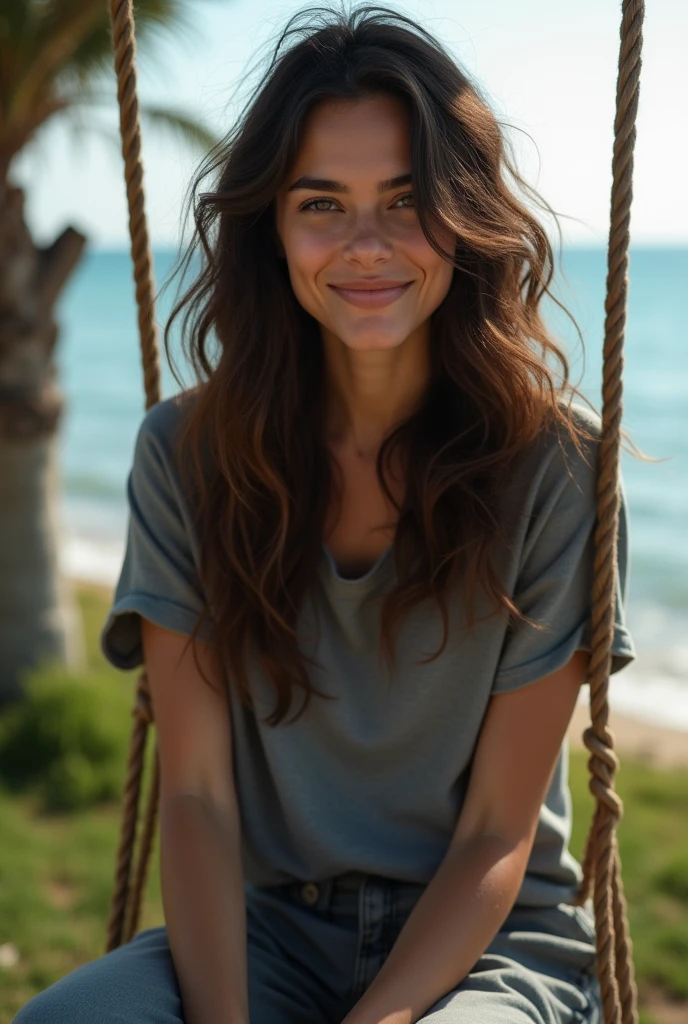 A very beautiful woman , Wear an oversized gray T-shirt. , Big trousers , Brown hair tends to black. , long hair , Beautiful curly hairstyle , Have a beautiful skin color , Sitting on a swing tied to a tree , In the backyard , There is a sea , She turned to me with a happy smile. , She is the woman of my dreams. , Her face was blurred as if it was hidden by fog. , She is the one who makes us happy in our dreams.