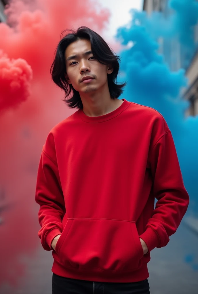 A good looking asia guy in a red sweatshirt and black long man hair, good looking, Red and blue smoke background